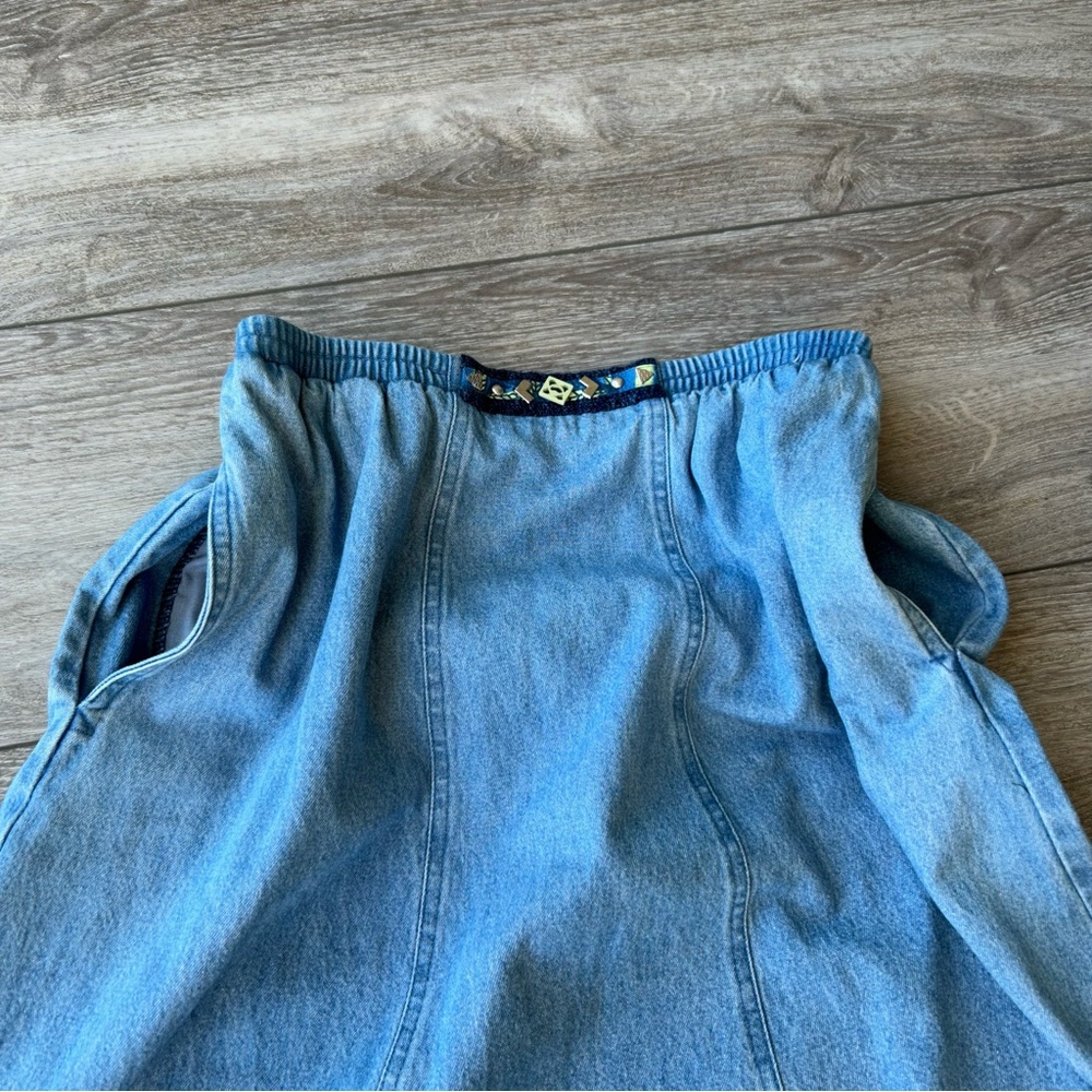 Vintage Traditional Tribal A Line Flowy Denim Midi Skirt - Picture 4 of 12